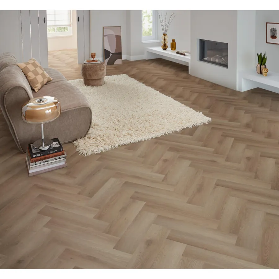 Kwantum Visgraat Pvc|Plak Pvc-Vloeren*Plak PVC Camrose Beige Eiken Visgraat